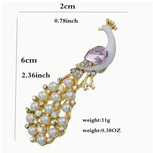 Brooch Peacock Imitation Pearl Lavender Rhinestone White Enamel Gold Tone - Picture 2 of 2